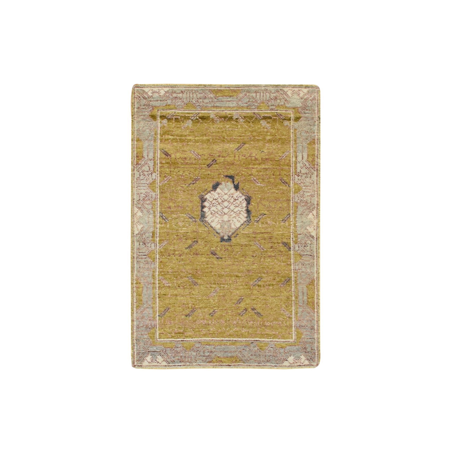 2'1"x3'2" Golden Yellow, Pinecone Design, 100% Wool, Hand Knotted, Densely Woven, Shaved Low, Sample, Mat, Oriental Rug 